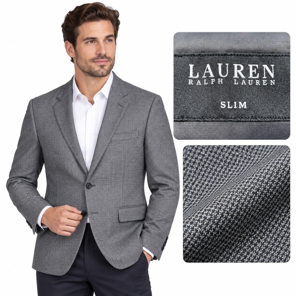 Laure Ralph Lauren Blazer Men 42R Grey Slim Fit Wool Micro HoundstoothSport Coat